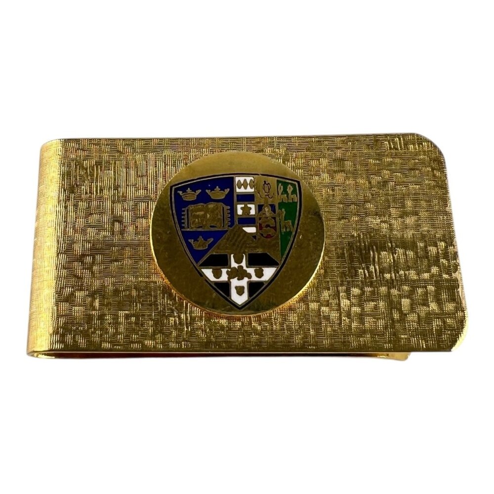 Vintage Drew University Coat of Arms Shield Textured Gold Tone Money Clip